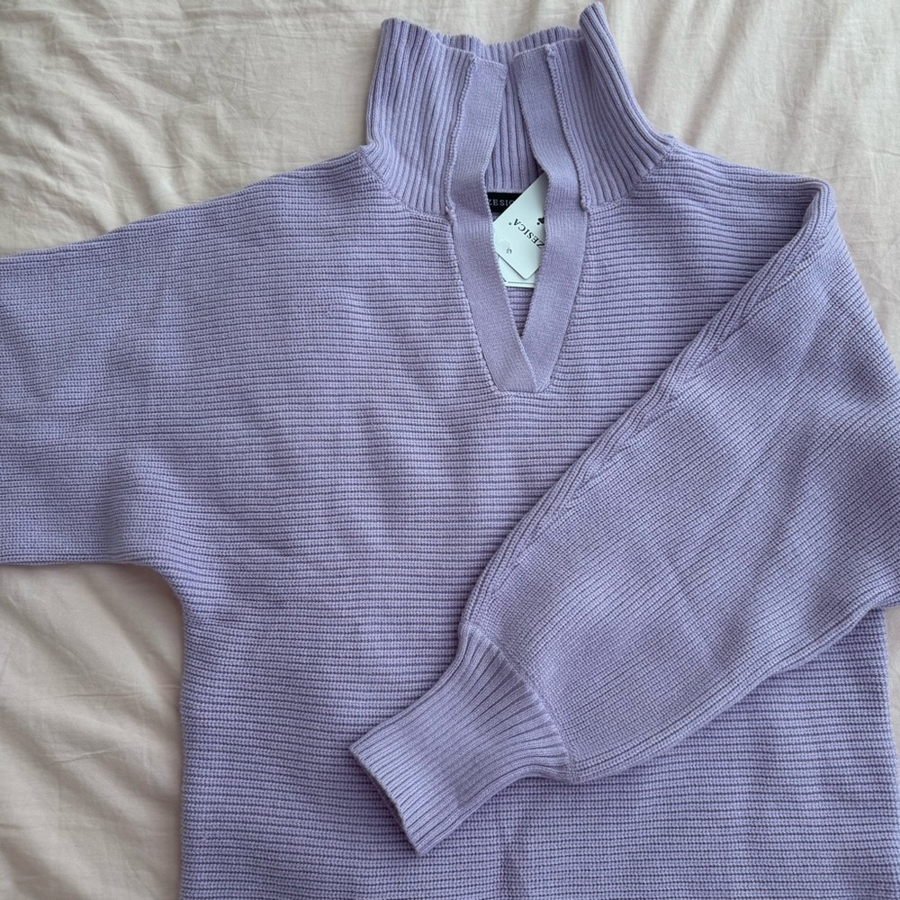 Zesica V-Neck Purple Ribbed Knit Lapel Collar Sweater - Picture 5 of 12